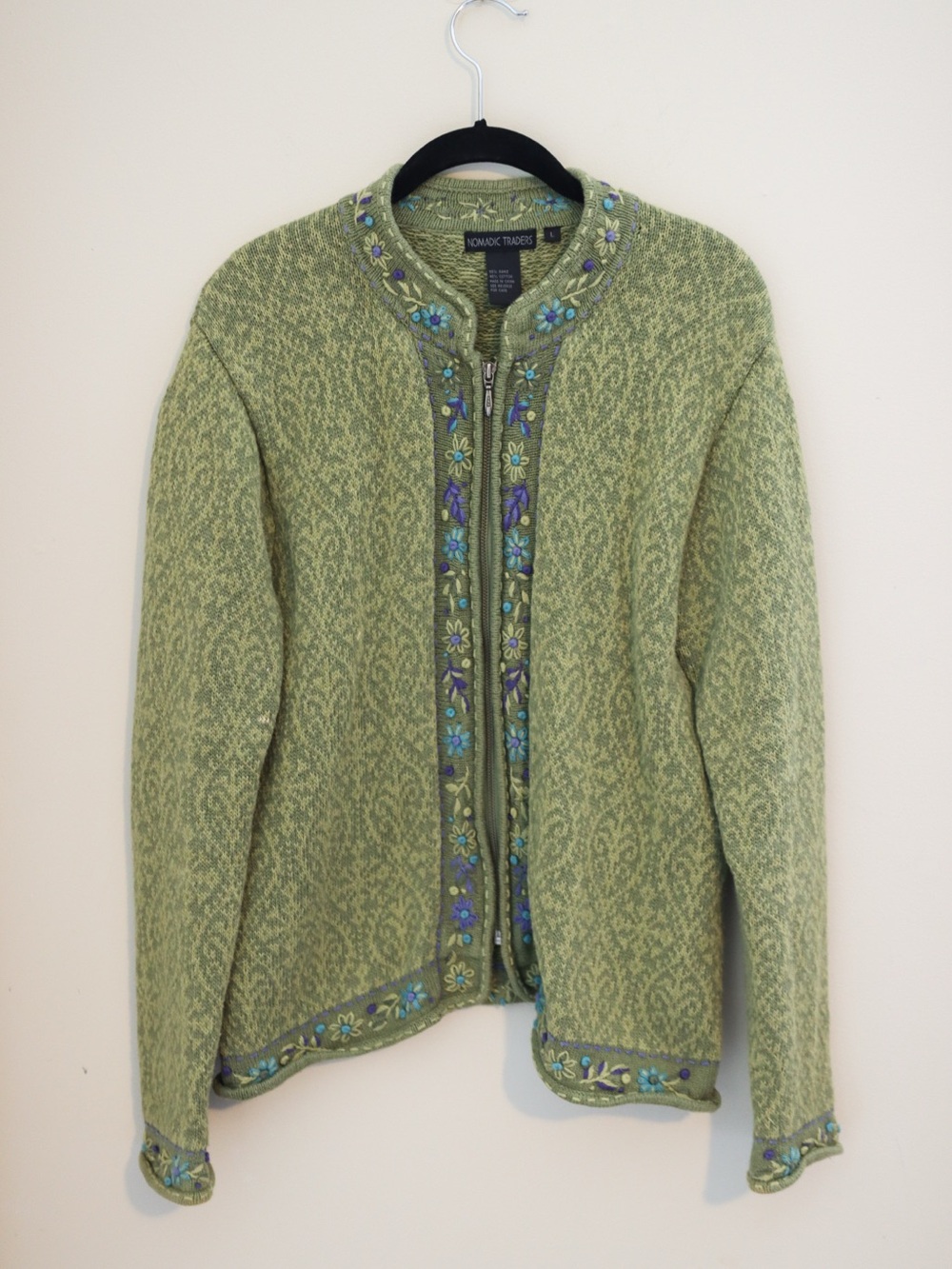 Nomadic Traders Light Green Embroidered Zip-Up Cardigan